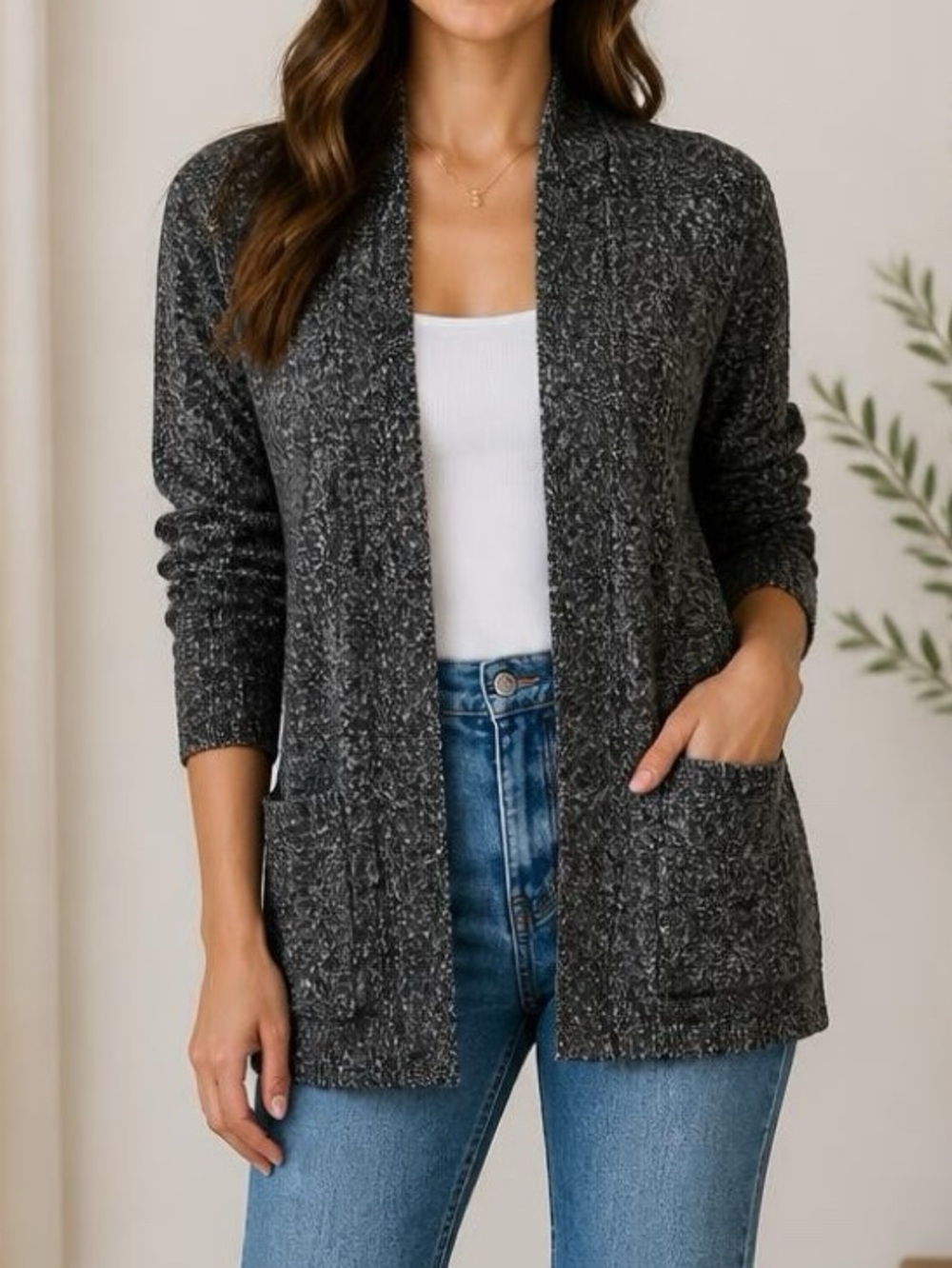 Debut Black Marled Open Front Cardigan
